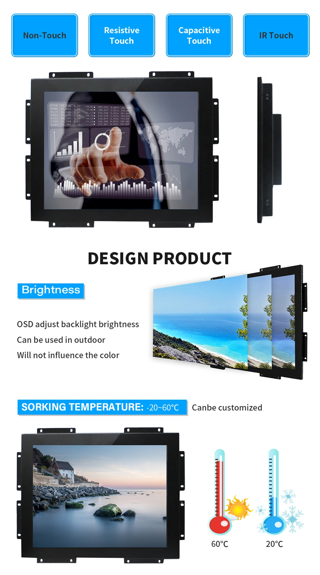 15.6 Inch Industrial Touch Screen Tablet LED LCD Display Embedded Touch Gaming Monitors