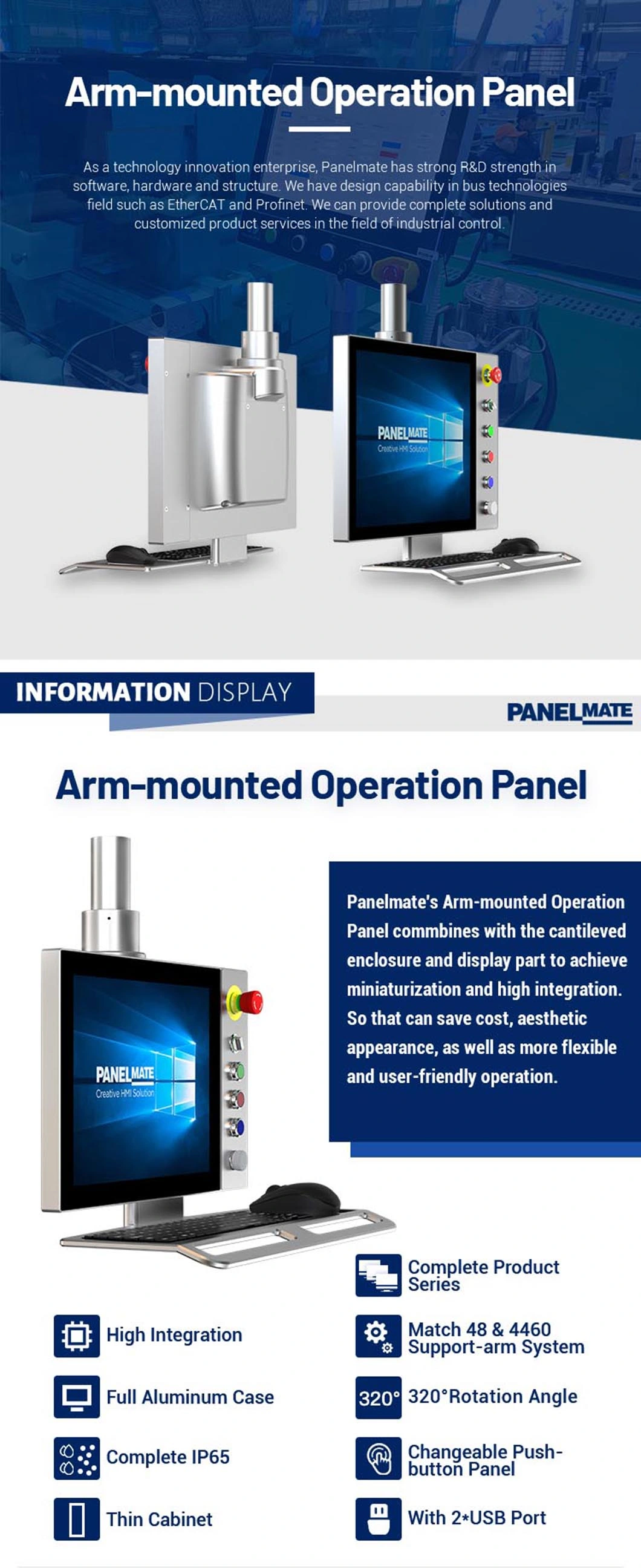 15.6 Inch Industrial Operation Panel HMI Cantilever Enclosure Supported Arm System Control Panel IP65 Tempered Glass Screen LCD Display Beckhoff Panel Monitor